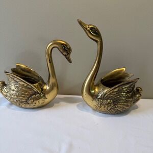 Vintage Brass Swan Planter Set of 2 Figurines Planters Hollywood Regency MCM